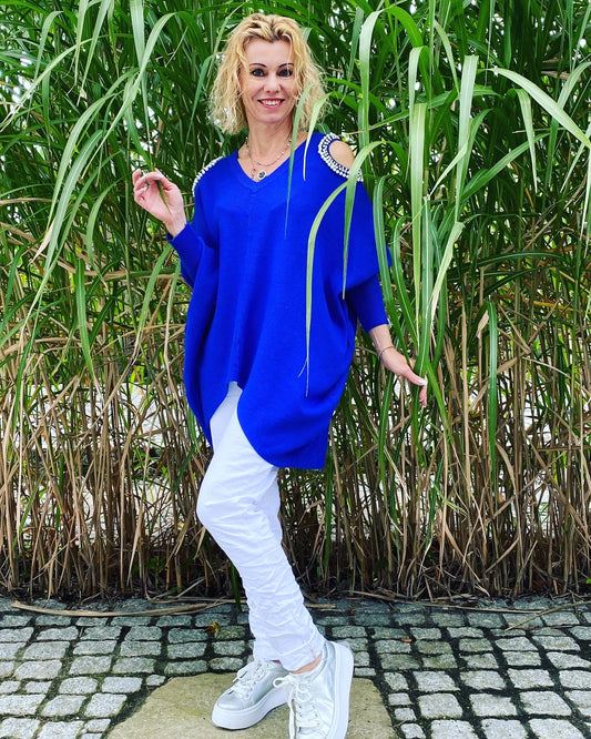 Cold-Shoulder-Pullover mit Perlen in blau