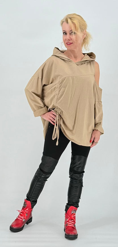 Sweatshirt "Zunge" Cold-Shoulder-Langarm beige