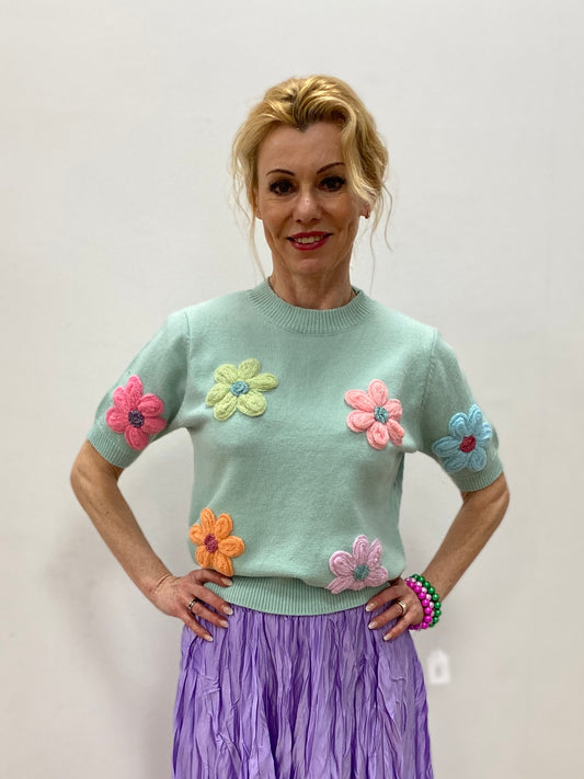 Sommer Pullover Mint-Grün Kurzarm "Blumen"