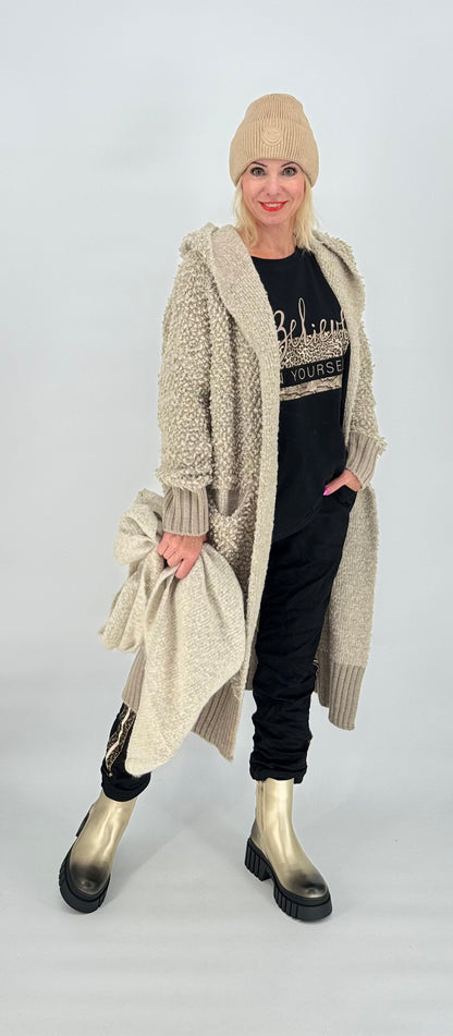 Strickjacke Bouclé dunkelbeige